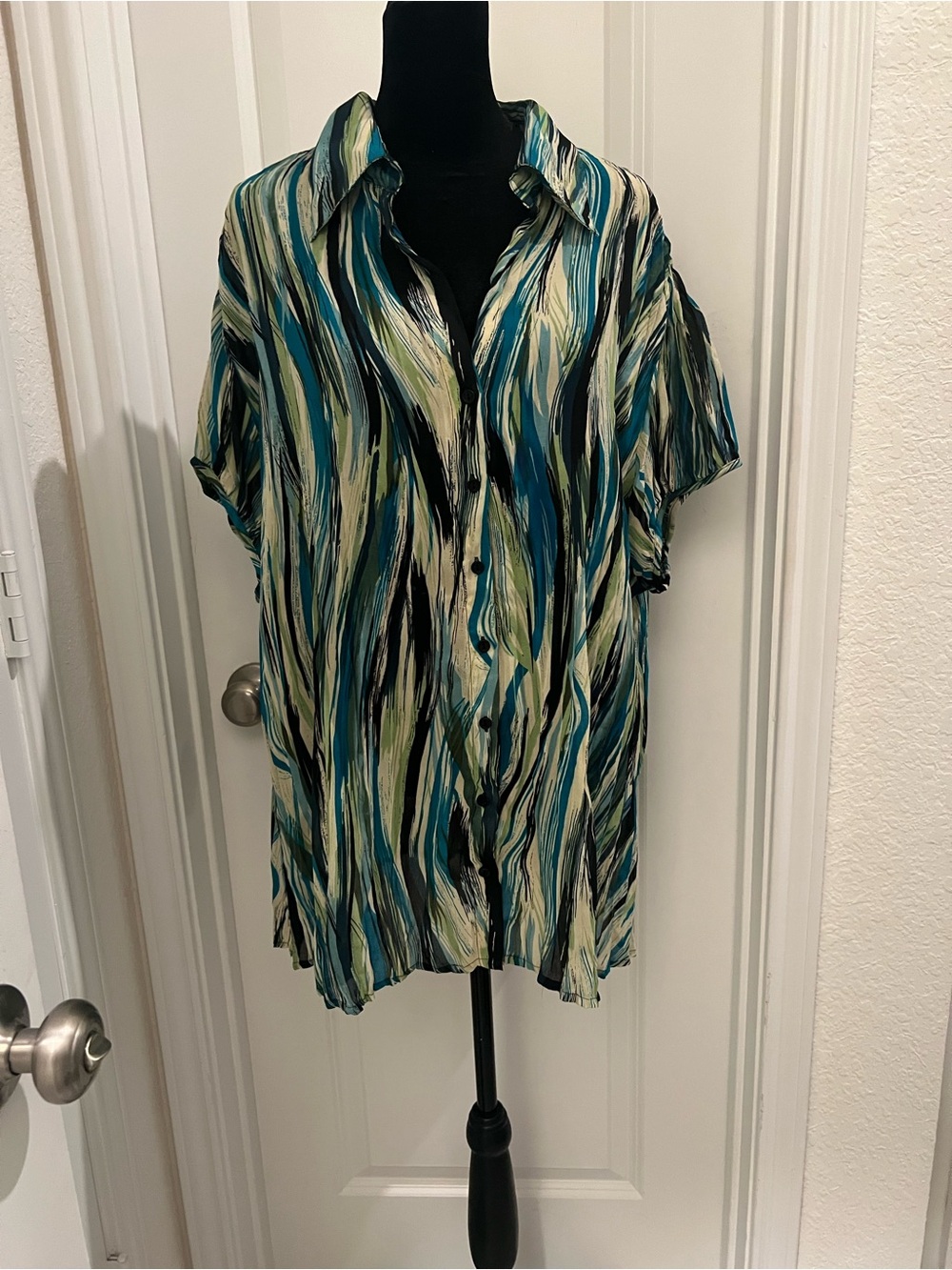 Lane Bryant 22/24W Blue Green Abstract Print Button Front Blouse
